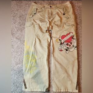 Vintage Y2K Ed Hardy Khaki Cargo Tattoo Art Zipper Ankle Mens Pants Size 33x32